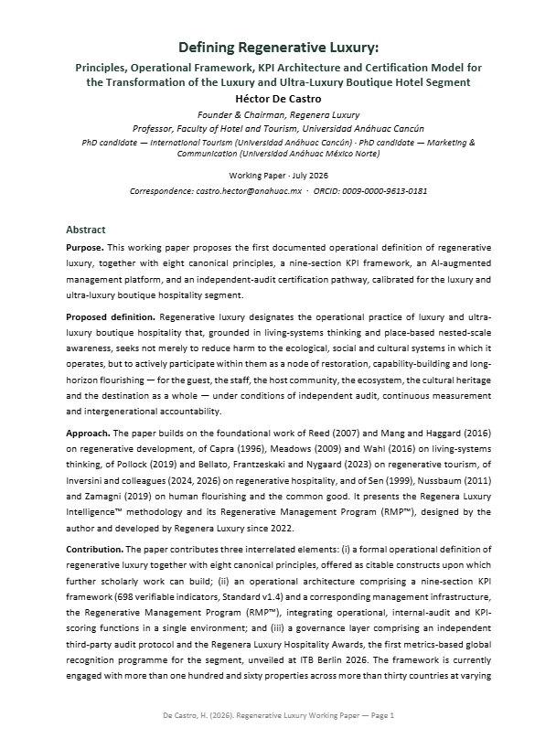 Primera página del documento de trabajo Defining Regenerative Luxury, de Héctor de Castro