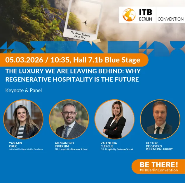 Poster for the ITB Berlin Convention 2026 panel on regenerative hospitality