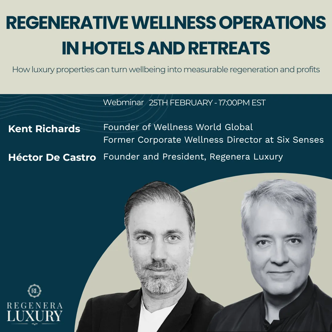 Cartel del webinar sobre operaciones de bienestar regenerativo en hoteles y retiros